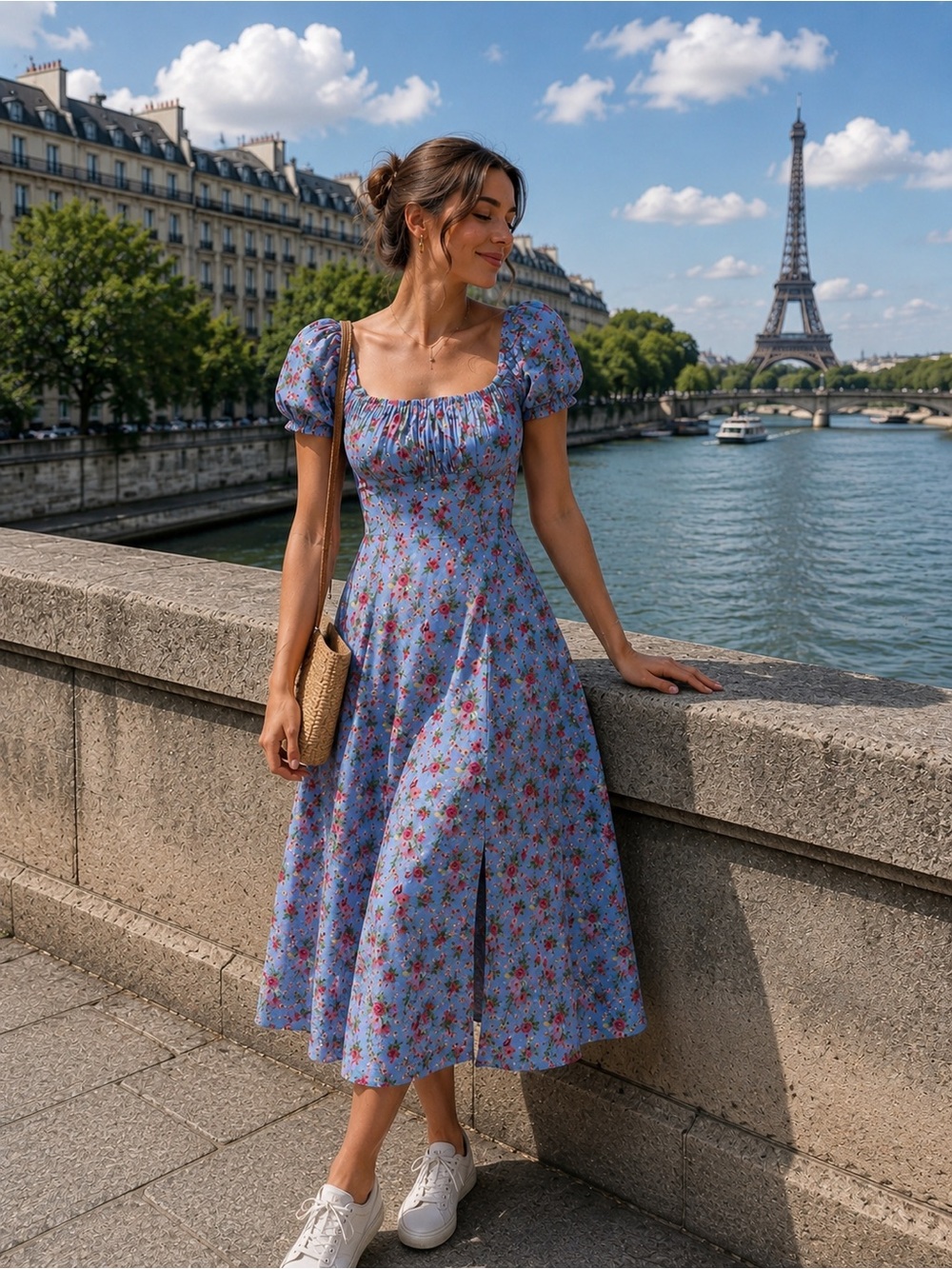 Blue Floral Puff Sleeve Dress
